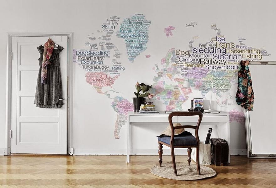 Trang trí tường nhà độc đáo với họa tiết bản đồ thế giới