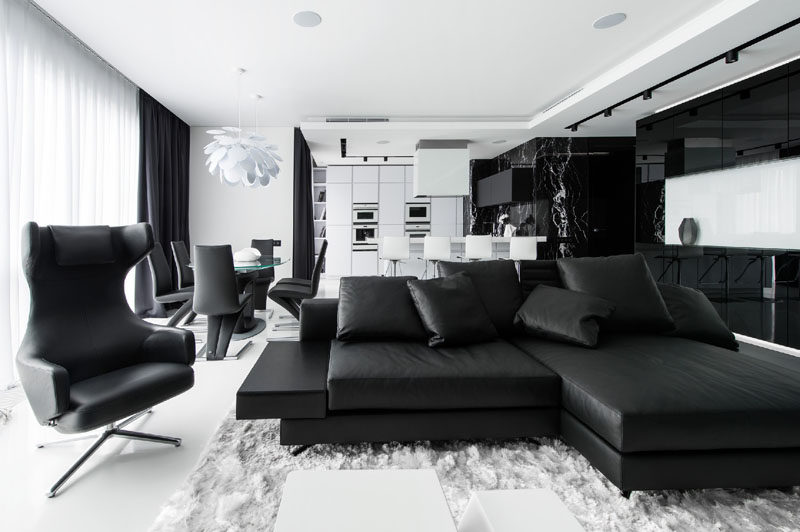 Phòng khách cực tối giản với tông màu đen trắng 