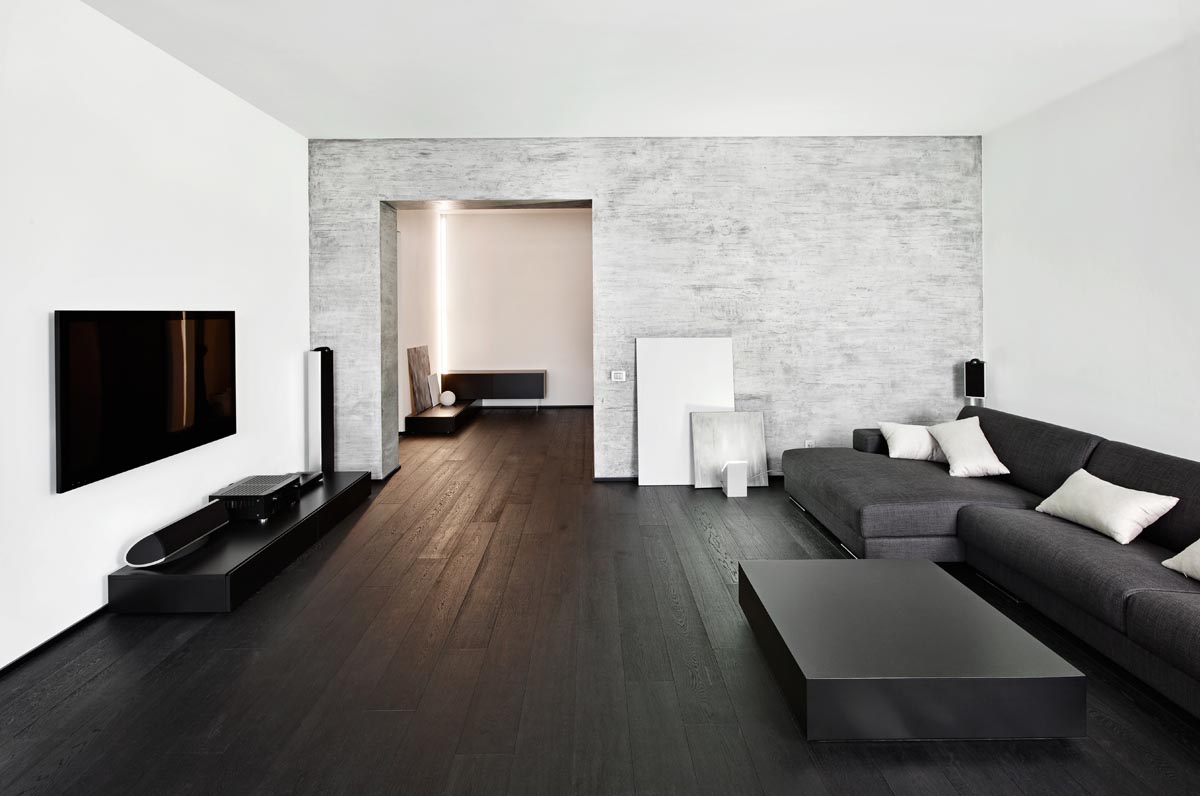 Phòng khách cực tối giản với tông màu đen trắng 