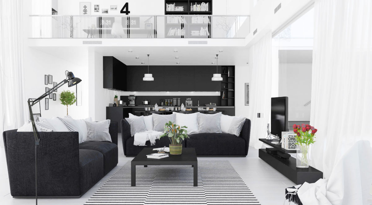 Phòng khách cực tối giản với tông màu đen trắng