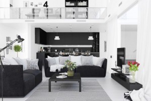Phòng khách cực tối giản với tông màu đen trắng